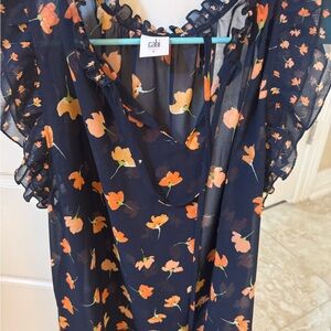 CAbi Dark Blue Blouse with Orange Floral Design